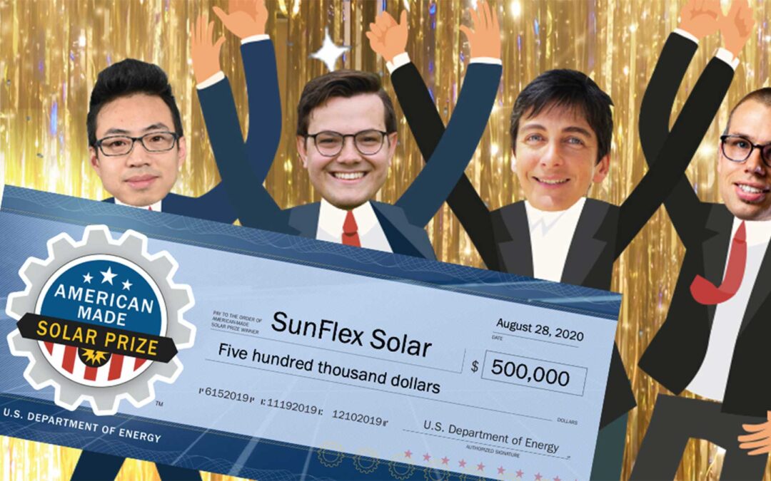 SunFlex Solar winners in cartoon form holding a $500,000 check