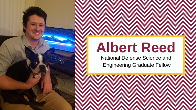 Albert Reed poses with his dog Frog.Albert Reed National Defense Science and Engineering Graduate Fellow