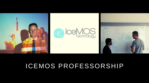 IceMOS Professorship. Three panel of images. Professor Hugh Barnaby is pictured in front of a projected image. The IceMOS logo and picture of Barmaby helping a student at the whiteboard