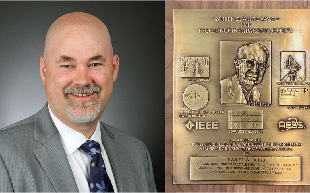 Headshot of Daniel Bliss next to a photo of the award.