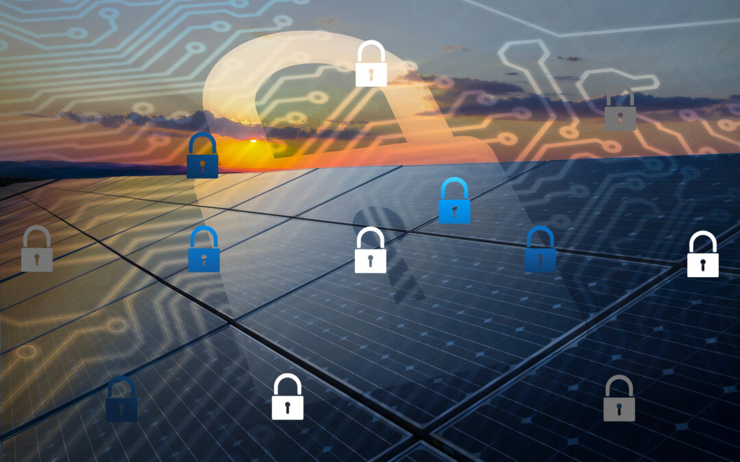 A graphic showing locks and a translucent circuit board imposed on a background of solar panels