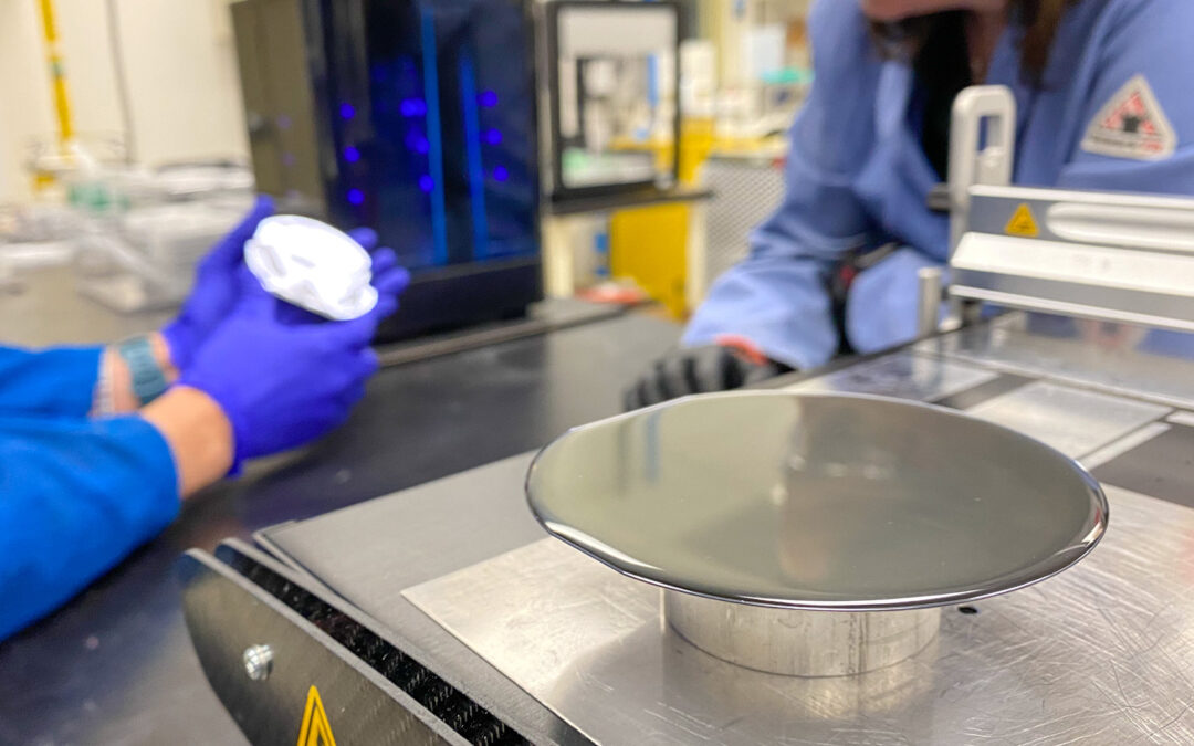 A wafer of semiconductor material is shown in Arizona State University Professor Mariana Bertoni’s lab