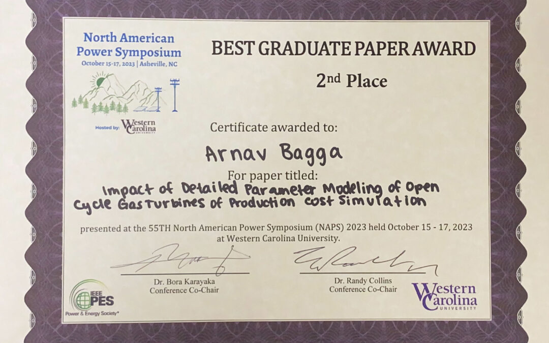 A photo of Arnav Bagga's certificate for winning 2nd place in the Best Graduate Paper category at the 2023 NAPS conference