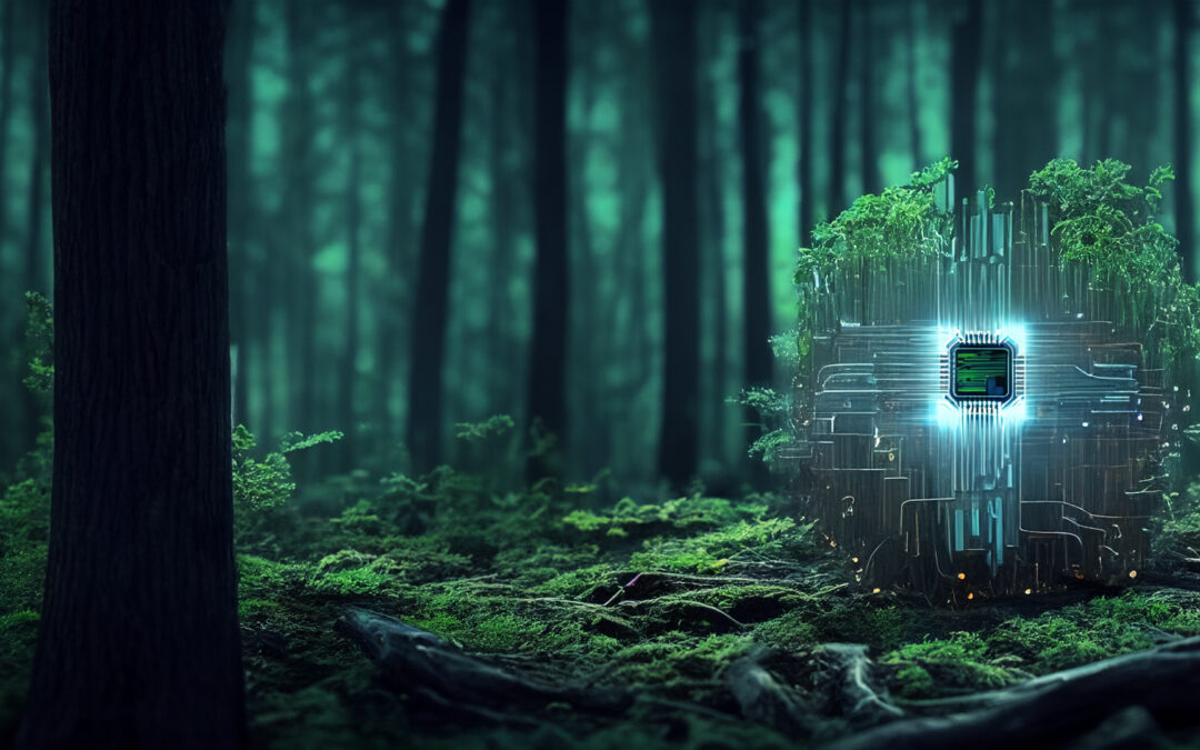 A semiconductor chip glows in a forest