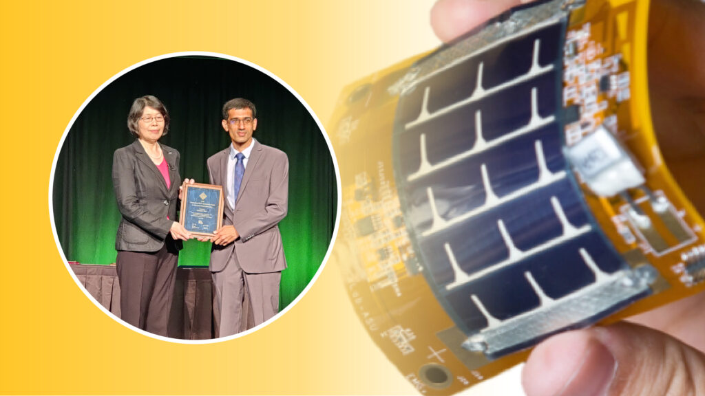 Ganapati Bhat accepts an award at left while holding his flexible medical device at right