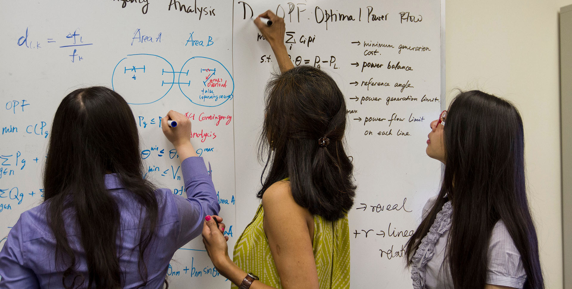 Three women draw on a whiteboard filled with equations and diagrams